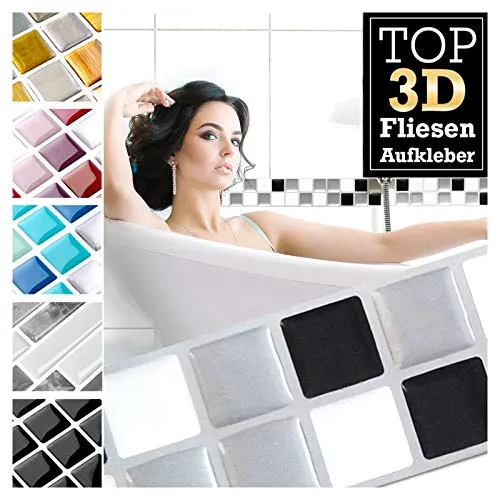 Grandora 7 adesivi 25,3 x 3,7 cm nero bianco argento adesivo per piastrelle Design 16 I 3D mosaico foglio di piastrelle Cucina vasca da bagno adesivo murale Decorazione piastrelle W5423