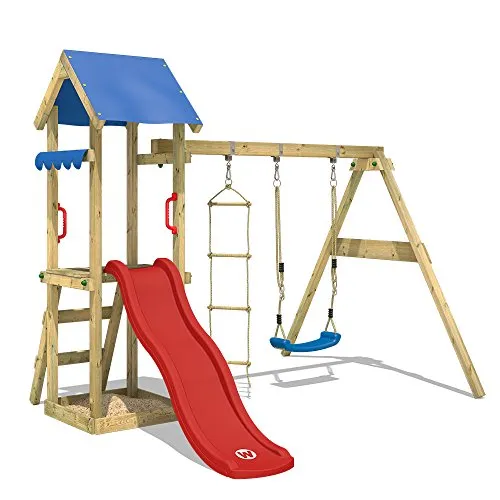WICKEY Parco giochi in legno TinyCabin Giochi da giardino con altalena e scivolo rosso, Torre di arrampicata da esterno con sabbiera per bambini