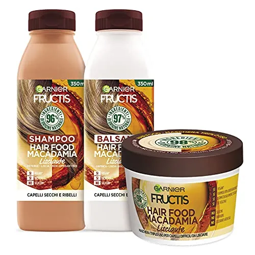 Garnier Fructis Hair Food Macadamia Lisciante, Kit con Shampoo, Balsamo e Maschera per Capelli Secchi e Indisciplinati, Fino al 98% di Ingredienti di Origine Naturale, Senza Siliconi