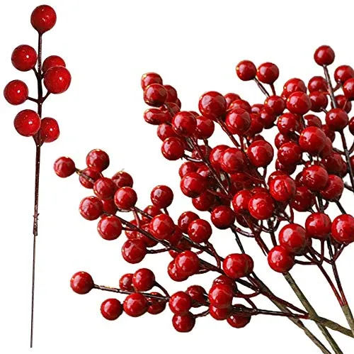 Qiwenr 20Pcs Artificiali di Agrifoglio Bacche di Frutta Finte Bacche Rosse Natalizie Artificiali Mini Bacche Rosse di Natale,per Decorazioni per Albero di Natale Ghirlanda di Fiori Fai da Te