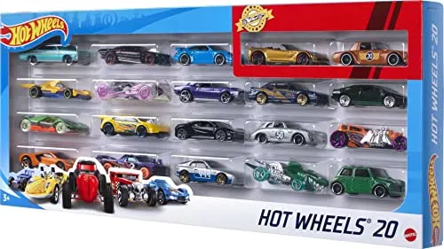Hot Wheels 20-Car Pack Assorted 1:16 scale Toy Vehicles Great Gift for Kids and Collectors 3 to 93 years old Instant Collection for Beginners Perfect for Party Favor Giveaways, H7045