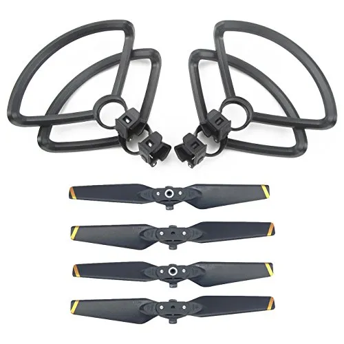 Rantow 4 pezzi di protezione rapida per elica protettiva + 4 pezzi CW CCW eliche pieghevoli per DJI Spark Drone (Yellow stripe propeller + Propeller guard)