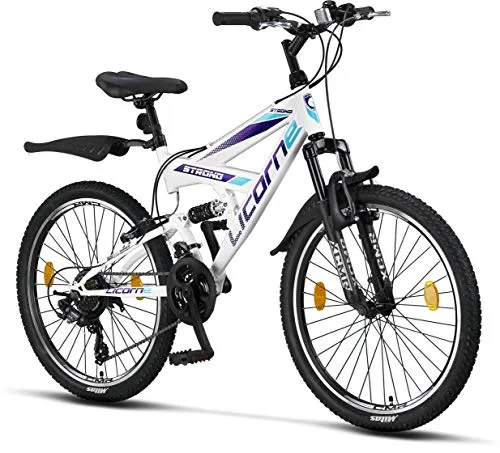 Licorne Bike Premium Mountain Bike Strong da 24 pollici, bicicletta per ragazzi, ragazze, donne e uomini, con cambio a 21 marce, sospensioni complete, Bambina, bianco/viola, 24 inches