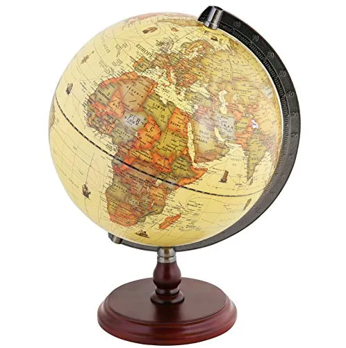 Exerz 25cm Mappamondo Antico - Mappa Inglese - Base In Legno - Globo Decorazione/Educazione/Geografica - Mappa Morden Con Colore Antico - Diametro 25cm