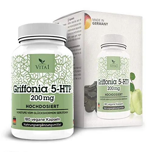 Griffonia 5-HTP 200mg di VITA1 • 120 capsule (fornitura per 6 mesi) • promotore naturale della serotonina • Fatto in Germania