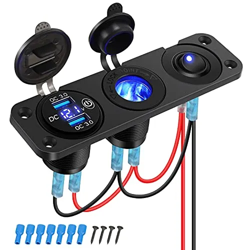 Thlevel Presa USB per Auto con QC3.0 Caricabatteria Auto USB Dual Porte,Presa Accendisigari,Voltmetro LED e Interruttore Llevetta Indipendente per 12V 24V Veicoli Auto Barca Camion Caravan