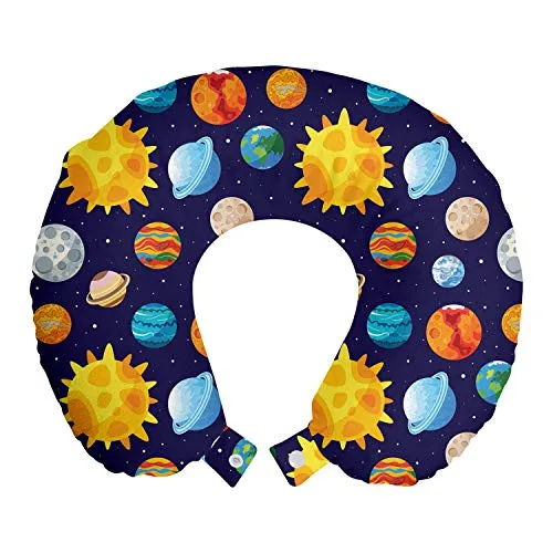 ABAKUHAUS Spazio Cuscino da Viaggio, Colorful Planet fumetto, Accessorio in Schiuma di Memoria per Viaggio, 30 cm x 30 cm, Indaco e multicolore