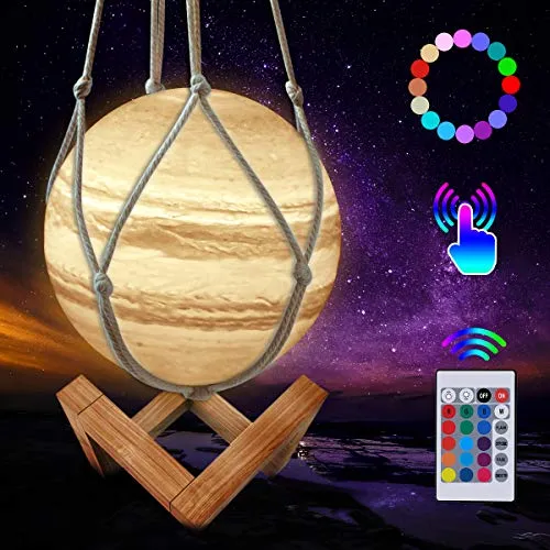 CoMokin Nuovo Lampada Giove 3D Lampada da Notte Ricaricabile a 16 Colori, Lampada Giove LED con Supporto in Legno e Rete Sospesa, Telecomando e Controllo Touch Regalo Perfetto per Bambini Amici