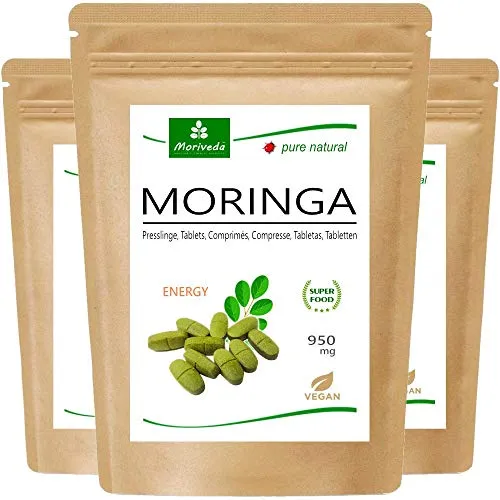 MoriVeda® - 360 Moringa Energia compresse 950mg o Moringa capsules 600mg - Oleifera, vegan, Prodotto di qualità (3x120 Compresse)