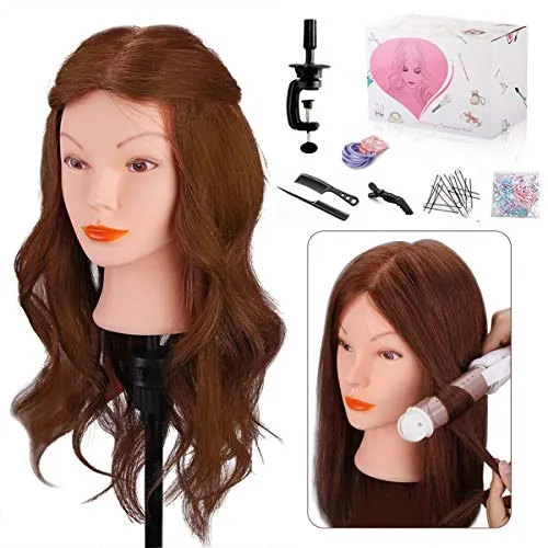 Testa per Parrucchieri Capelli Veri, MYSWEETY 18" 45cm 100% Capelli Umani di Formazione Parrucchiere Pratica Testa Studio Manichino Bambola Manichino Professionale con Morsetto Stand