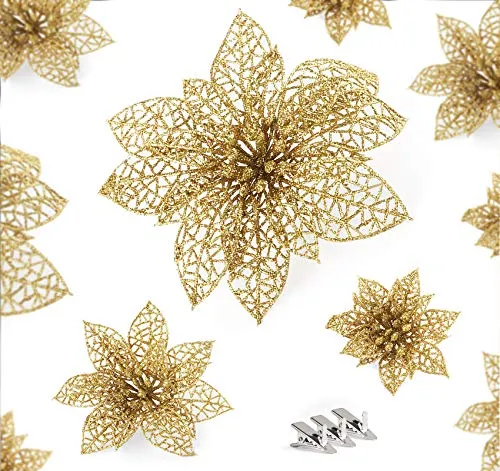 ilauke Stella Di Natale Glitterata 30 Pezzi Fiori Artificiali per la Decorazione Albero di Natale Fiori Glitter di Ornamento Decor, Decorativi per L'Albero di Natale (Oro)