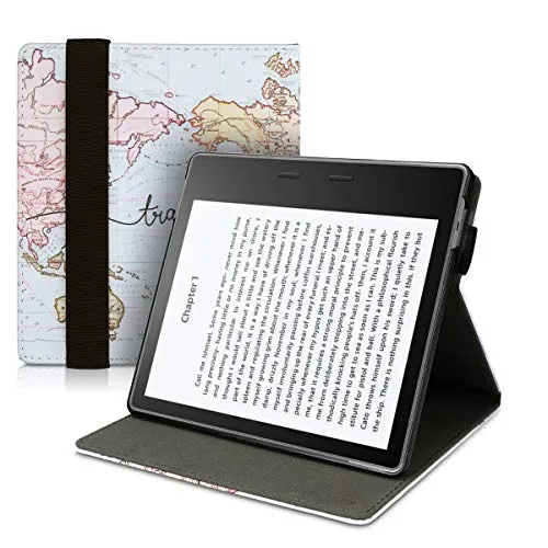 kwmobile Custodia Verticale e-Reader Compatibile con Amazon Kindle Oasis 10. Generation - Cover con Fascia Mano e leggìo - Flip Case e-Book in Pelle PU - Mappa del Mondo Nero/Multicolore