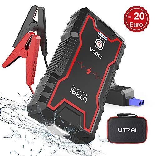 UTRAI Avviatore di Emergenza Powerbank 1600A 16000mAh Jump Starter Avviatore Auto Portatile (per Motori 12V Diesel 6.5L e Benzina 7.0L), Martello di Sicurezza, Doppia USB, JS Zero