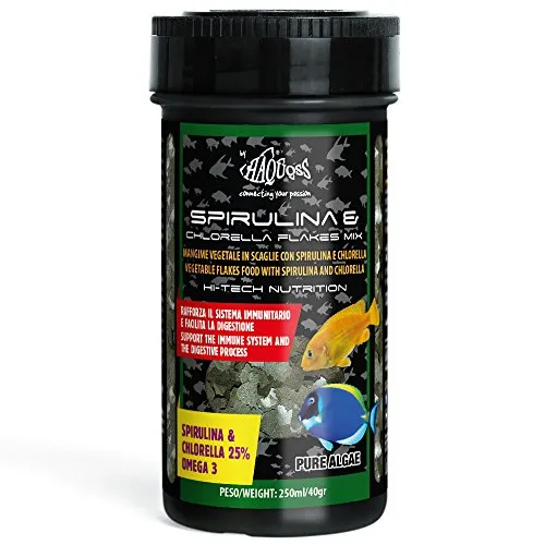 Haquoss Spirulina & Chlorella Flakes Mangime in Scaglie per Pesci Vegetariani, 250 ml/40 gr