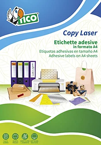 Tico Italia LP4FG-7036 Etichette adesive fluorescenti gialle, 70x36mm, 24 etichette per foglio, adesivo permanente, stampanti laser e inkjet, confezione da 70 fogli