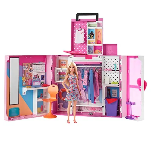 Barbie- Armadio dei Sogni Playset con bambola bionda, largo più di 60cm, 15+aree per riporre gli accessori, specchio, scivolo per biancheria, 30+outfit e accessori, Giocattolo per Bambini 3+Anni,HGX57