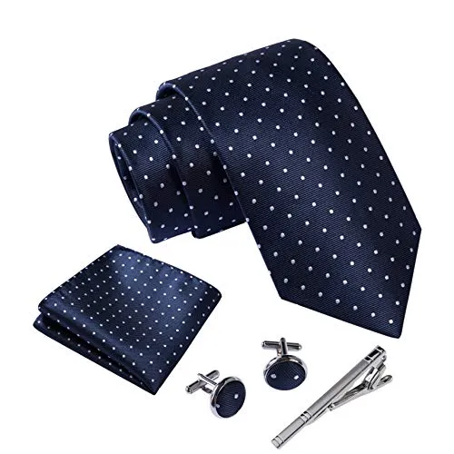 Massi Morino ® Cravatta uomo + Gemelli + Fazzoletto (Set cravatta uomo) regalo uomo con confezione regalo (Blu scuro puntini)