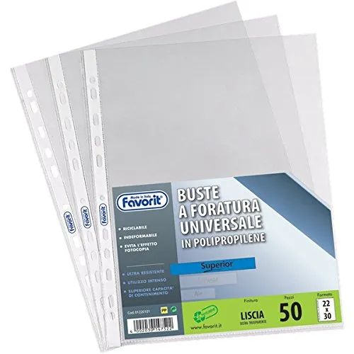 Favorit 100460120 Buste a Foratura Universale, Formato Interno 22x30 cm, Finitura liscia, Confezione da 50 pz., ideali per fogli A4, porta documenti, per scuola ufficio casa, trasparenti