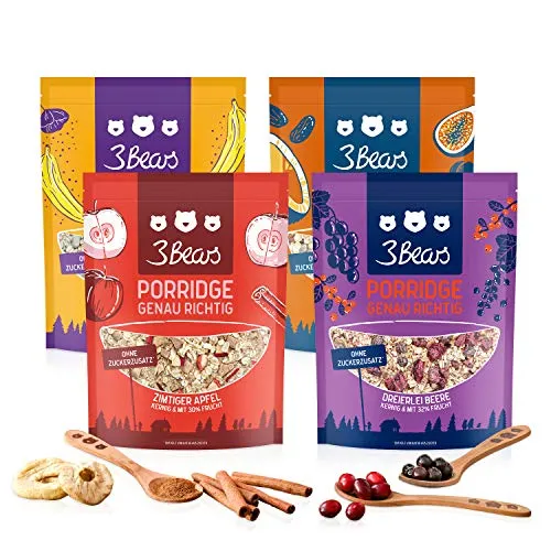 3Bears Porridge mix frutta – (4 x 400g) cocco, mela e cannella, banana e papavero, frutti di bosco, alta percentuale di frutta, fiocchi d’avena