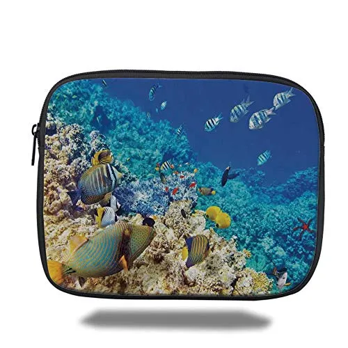 Juzijiang Tablet Bag for iPad Air 2/3/4/mini 9.7 inch,Ocean Decor,Barrier Reefs Covered Sea with Lagoon Zebrafish Anemonefish Picture,Turquoise Light Yellow,3D Print