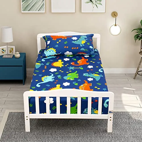 JISEN Set di lenzuola con angoli e federa per bambini, 100% cotone, morbido , 70 x 140 cm e 40 x 60 cm, motivo:dinosauro blu