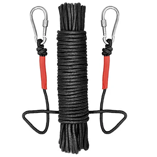 Corda Multifunzionale in Nylon da 20M con Ganci - Magnete da Pesca con Moschettone, Multiuso Corda, Corda per Outdoor, Sicurezza Durevole, per Attività All'aperto e in Campeggio (Diametro 6mm, Nero)