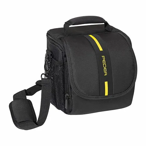 PEDEA DSLR borsa per fotocamera "Essex" Borsa per fotocamera per macchine fotografiche reflex con protezione antipioggia impermeabile, tracolla e scomparti per accessori, misura M nero/giallo