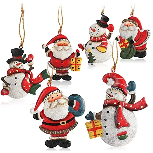 COM-FOUR® 6x Ciondoli in metallo per l'albero di Natale - Addobbi per l'albero di Natale - Addobbi natalizi con pupazzo di neve e Babbo Natale (6 pezzi - Babbo Natale + pupazzo di neve - grande)