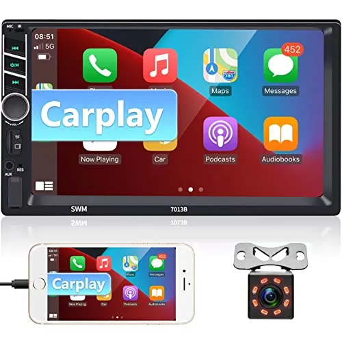 Podofo Autoradio Bluetooth 2 din Carplay con 7 Pollici Schermo Retrocamera Stereo Auto Radio Macchina Stereo Macchina Touch Screen USB/BT/MP5/FM