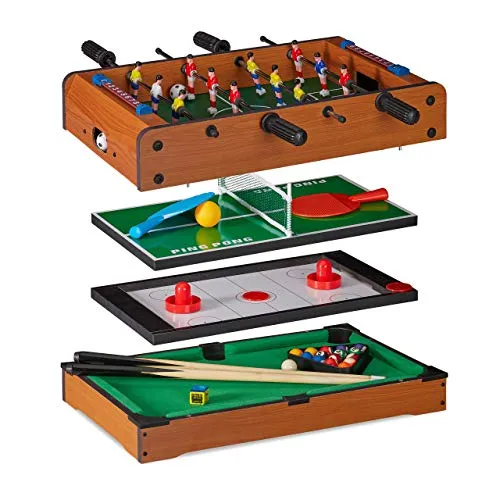 Relaxdays, Tavolo Multigioco, 4 in 1, Biliardino, Ping Pong, Hockey & Biliardo, Bambini & Adulti, Multiuso, Marrone, Colore Effetto Legno, 10023514