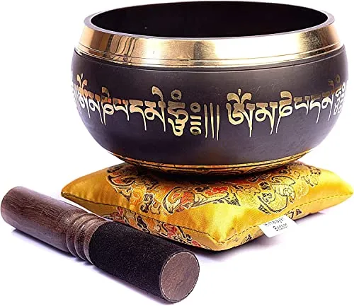 Himalayan Bazaar - Set con campana tibetana, facile da suonare, realizzato a mano, per meditazione tramite il suono, 10 cm, per la guarigione dei 7 chakra