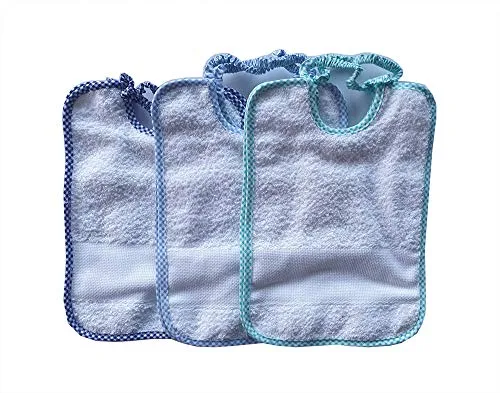 Confezione 6 Bavaglini con elastico da ricamare tela aida per ricamo a punto croce neonato bimbo bambino misura media cm 25x18 colori: Blu - azzurro - verde Produzione Italiana