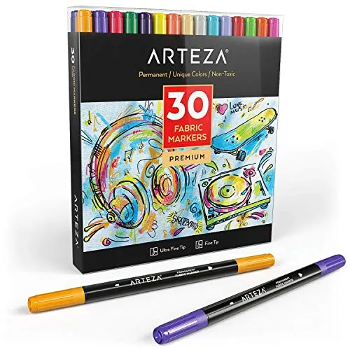 Arteza Pennarelli per Tessuti, Set da 30 Colori Assortiti, Permanenti e Lavabili in Lavatrice, Ideali per Colorare Jeans, T-Shirts, Scarpe, Zaini, Giacche, and Tanto Altro