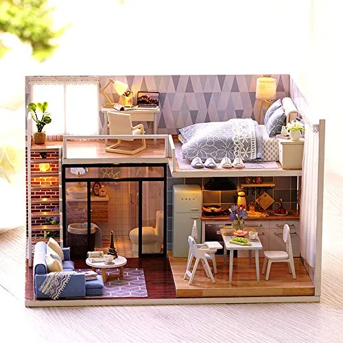 Weehey Fai da Te Miniature Loft Dollhouse Kit Realistica Mini 3D House House in Legno Giocattolo Fatto a Mano con mobili LED luci di Natale Regalo di Compleanno