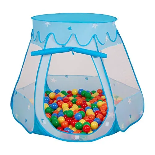 Selonis Tenda 105X90cm/300 Palline Castello Con Palline Colorate Per Bambini, Blu:Giallo/Verde/Blu/Rosso/Arancione