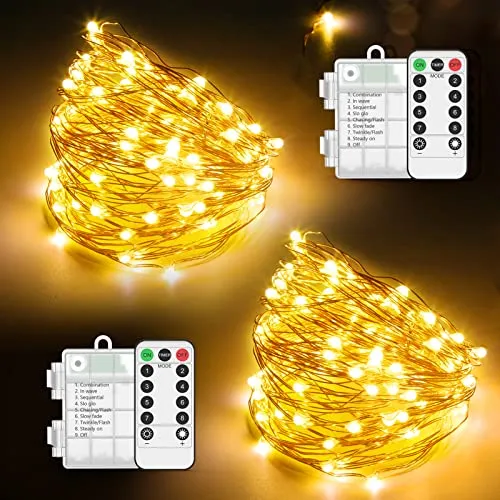 OxaOxe Catena Luminosa (2 pezzi), Stringa Luci LED a Batteria Interno ed Esterno, Luci decorative per le feste di Capodanno, 2 * 10 M / 200 LED Filo di Rame Impermeabile IP65,giardino, cortile