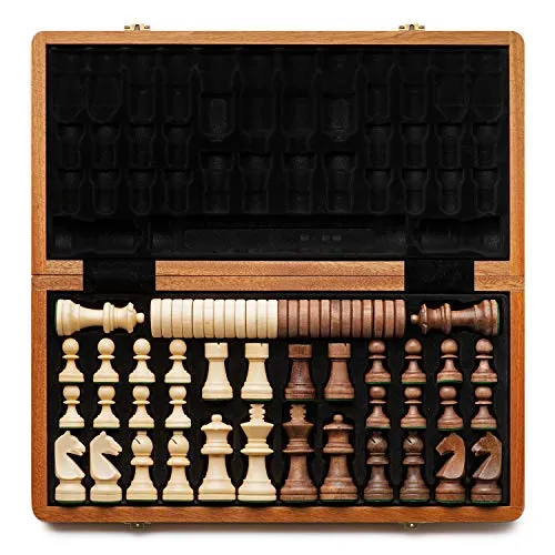 A&A Set scacchi e scacchi in legno da 15" / Tavola pieghevole / Pezzi extra grandi da 3" / 2 regine extra / Intarsi in Mogano, Mogano e Acero