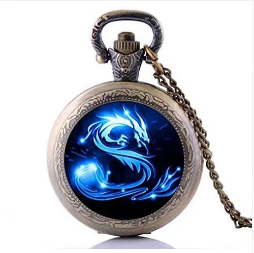 orologi da tasca per uomo, orologio personalizzato, collana con orologio da tasca drago blu, gioielli fatti a mano con cupola in vetro, collana lunga con foto artistiche, gioielli con ciondolo fant