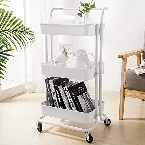 BAKAJI Carrello Estetista Trolley Cucina in Metallo 3 Ripiani e 4 Ruote girevoli a 360 Gradi con Freno Multiuso Salvaspazio Casa Cucina Dimensione 32,5 x 75 x 25 cm Design Moderno (Bianco)