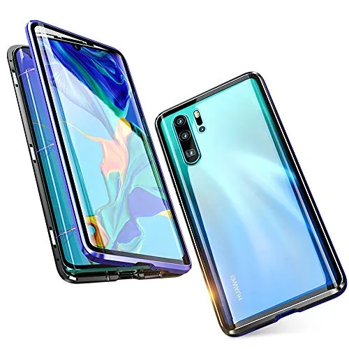 Jonwelsy Cover per Huawei P30 PRO (6,47 Pollice), 360 Gradi Anteriore e Posteriore Vetro Temperato Trasparente Custodia, Tecnologia di Adsorbimento Magnetico Bumper Metallo (Blu/Nero)