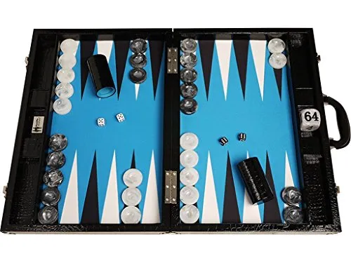 Set di backgammon da torneo Wycliffe Brothers - Pelle di coccodrillo nera con campo blu - Gen III