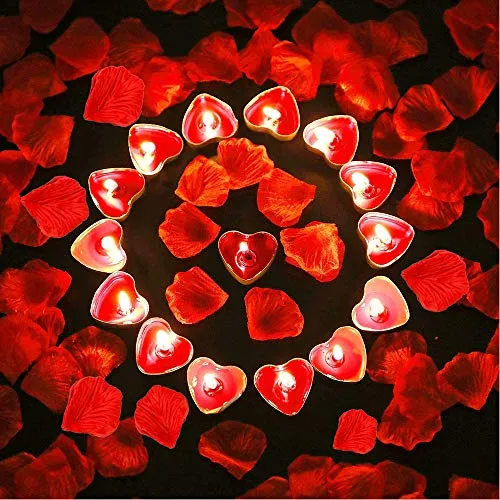 Candela Cuore Romantica, 9 Pezzi Candela d'Amore Romantico, Candela Cuore Rosso, con 100 Pezzi di Petali di Fiori Artificiali, per la Decorazione Della Cena Della Festa Compleanno di San Valentino