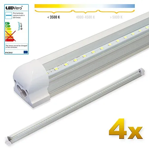 LEDVero 4x SMD LED Tubo 120cm integrato Bianco caldo - Tubo fluorescente Bianco freddoT8 G13 - Cover opalino 18 W, 1800 Lumen- pronto per l'installazione