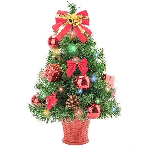 Amasava Albero di Natale Mini Abete Rosso con 40 LED e Decorazioni Rosse Ornamenti per Alberi di Natale Cono di Abete Regalo 45CM Decorazioni per la casa di Natale Rosse