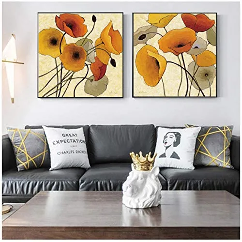 Stampe su Tela con Fiori di Papavero Stampe su Tela Fiori impressionisti Quadri su Tela Stampe murali Poster Stampe di Papaveri Zucca Decorazioni per la casa-50x50cmx2 Senza Cornice