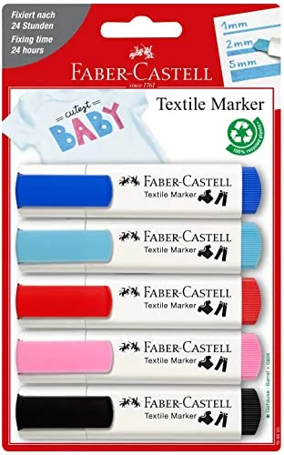 Faber-Castell 159530 - Pennarelli per tessuti con colori per bambini, adatti per tessuti chiari, confezione da 5, ideali per baby shower, compleanni di bambini, addio al celibato