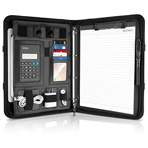 MVPower Cartella Portadocumenti A4 Pelle con Cerniera e Telefono Stand e 2 Tasche& Loop Elastici, Padfolio Cartelle Raccoglitore Ad Anelli, Calcolatrice Solare, Porta Documenti Organizer Borsa