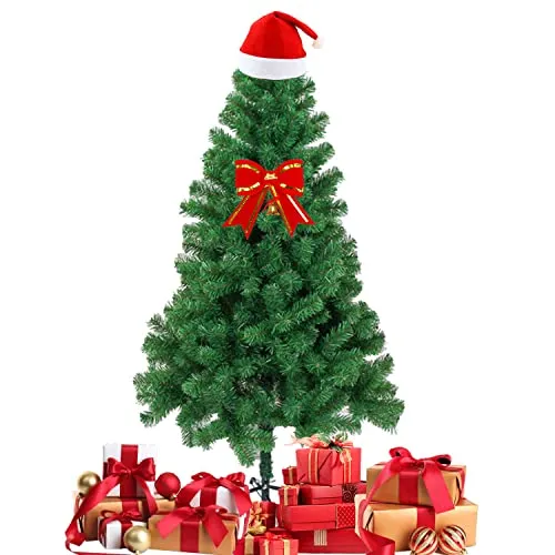 Albero di Natale Artificiale ,GEDEGOOK Alberi di Natale verde 120 cm, 300 Rami in PVC Con Cappello Di Natale e Ornamenti di Fiocchi di Natale e 2 Paia di Guanti