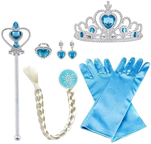 Vicloon Elsa Princess Dress Up Accessories, Crown Wand Blue Gloves Tiara Braids Necklace Ring Earrings Set of 8