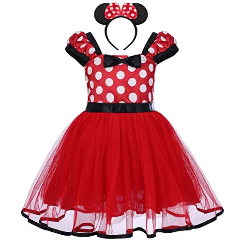 IWEMEK Bambino Minnie Abito Ragazza Costume da Minnie Vestito Principessa Balletto Tutu Danza Body Ginnastica Polka Dots Cerchietto con Orecchie per Carnevale Festa di Compleanno Abito Rosso 3 Anni